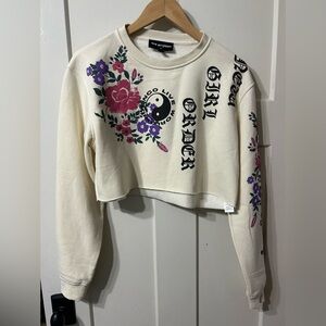 NEW girl ORDER Cropped Cream Sweatshirt with Floral Design